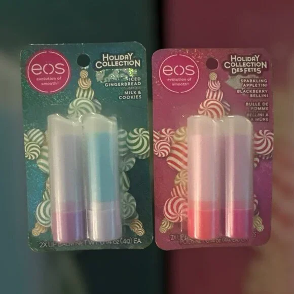 EOS Lip Balms Gingerbread, Milk + Cookies Appletin, BlackBerry Bellini 2 2pcks - Picture 1 of 1
